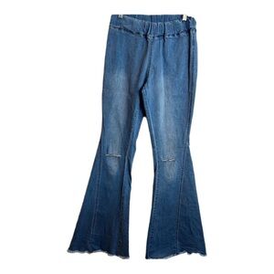 Pull‎ On Sz Small Distressed Bell Bottom Flare Wide Leg Elastic Waist Jeans